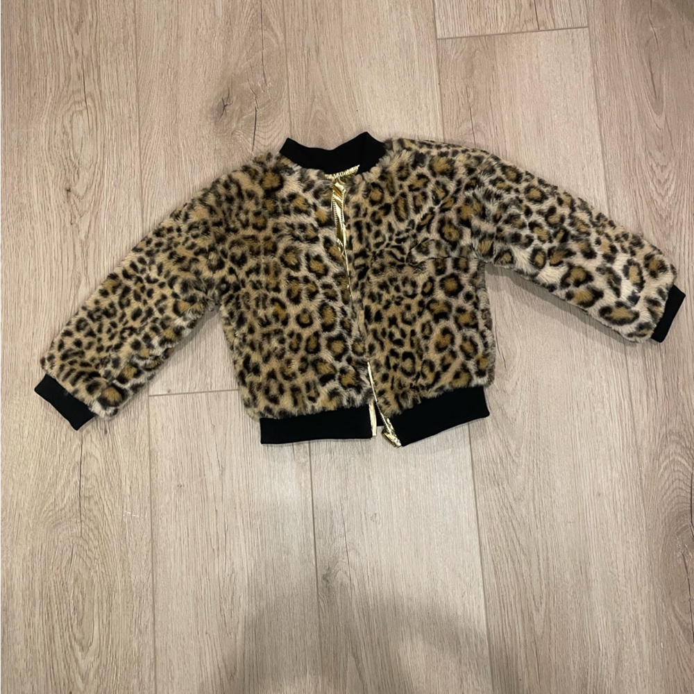 Reversible toddler jacket— cheetah print on one side and gold on the other.